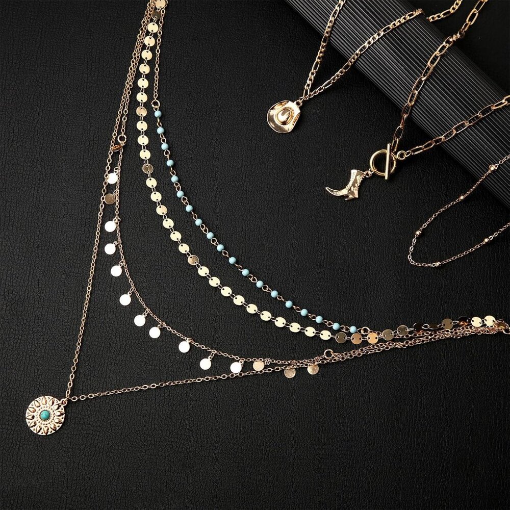 6 Pcs Cowgirl Jewelry For Women Turquoise Chain Layered Necklace Cowgirl Boot Ha View 6